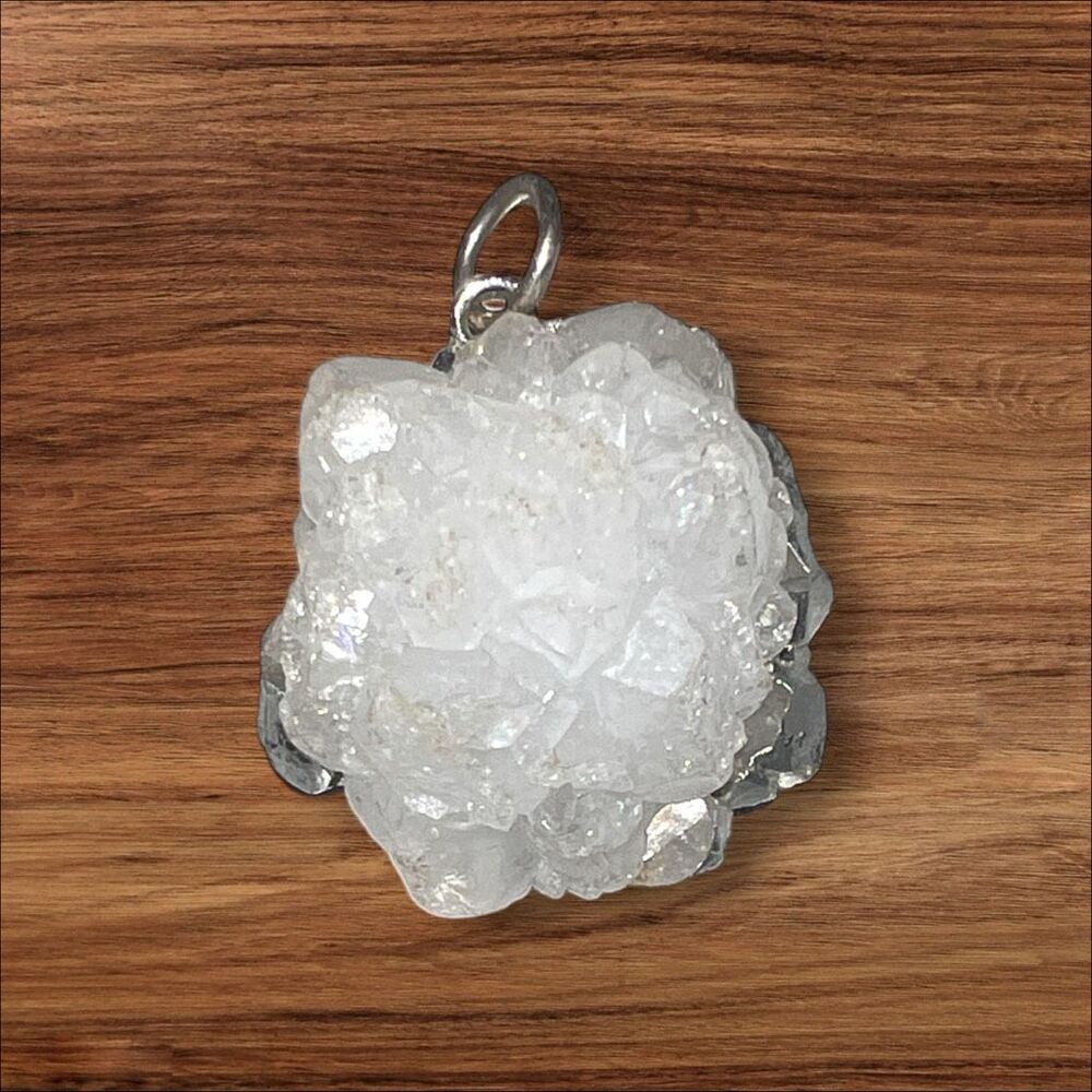 White Quartz Druzy Geode Crystal Pendant Silver Tone Approx 1”